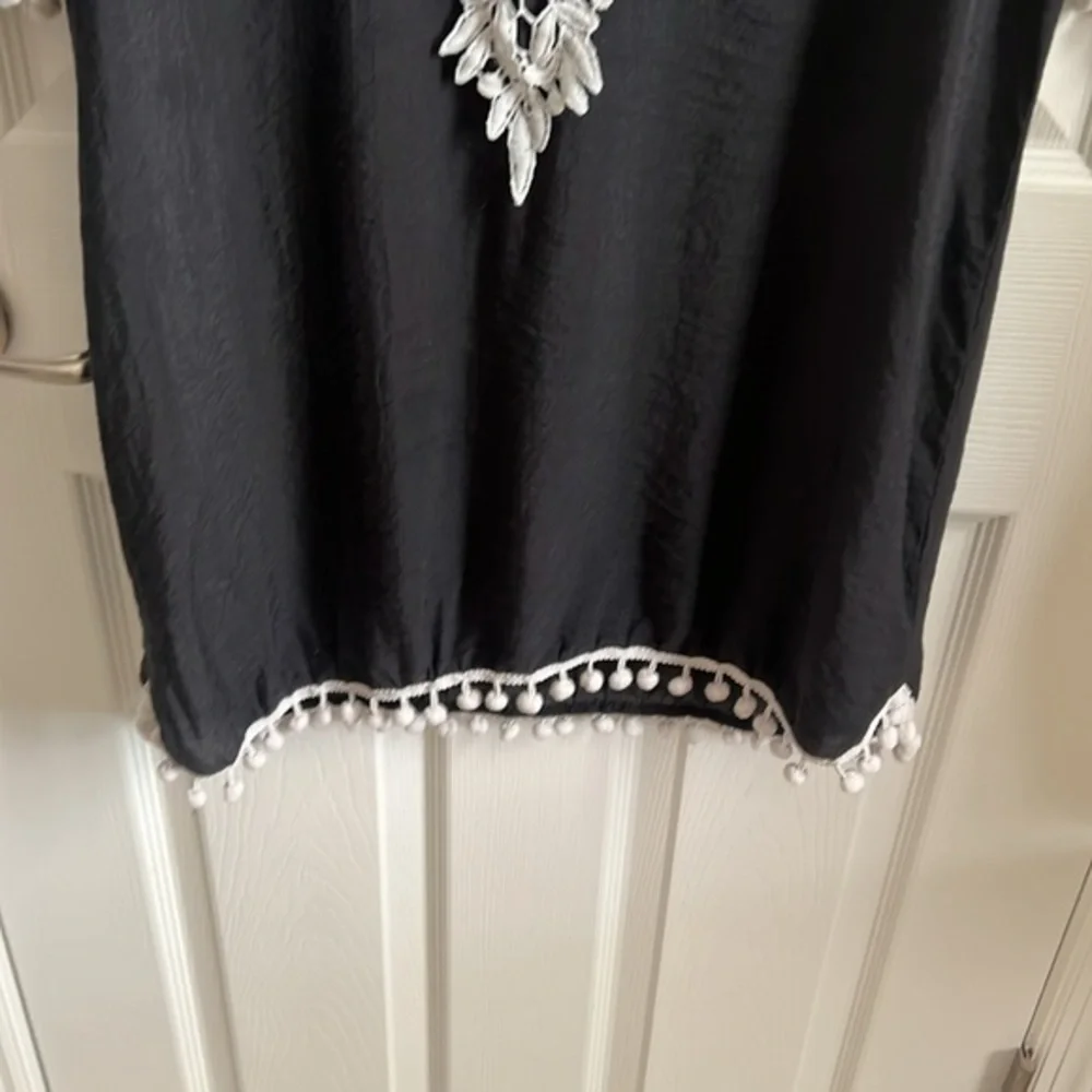 Black Crochet Lace Pom Pom Trim Tunic Dress‎ Swim Cover Up Ladies Small